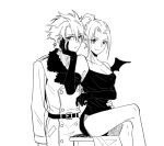  1boy 1girl bat_wings bleach bleach:_sennen_kessen-hen breasts cleavage coat commentary crossed_legs dress empty_eyes english_commentary expressionless fang fur-trimmed_coat fur_trim highres hitsugaya_toushirou kurosaki_karin medium_breasts monochrome ponytail short_dress side_slit sidelocks silegesi sitting spaghetti_strap wandenreich_uniform wings 