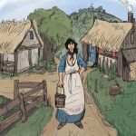  1girl absurdres axe bench black_hair blue_dress breasts bucket cleavage closed_mouth commentary dress english_commentary fence frown headscarf highres holding holding_bucket kapitanbank original solo standing tree tree_stump village wooden_bench wooden_bucket wooden_fence 
