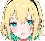  1girl amano_pikamee aqua_eyes aqua_hair blonde_hair eyebrows_visible_through_hair hews highres sharp_teeth teeth third-party_edit voms 