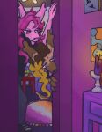alternative_fashion ambiguous_gender animated anthro being_watched black_nose blonde_hair brown_body brown_fur brown_hair candle ceiling_fan claws clothing curly_hair doorway duo ear_tuft electric_fan emo eyelashes eyeliner eyeshadow female footwear freckles fur gaby(sweetierattie) hair hazel(sweetierattie) hi_res house_party hyena lesbian_pride_colors lgbt_pride light long_eyelashes long_nails looking_at_another magenta_eyes makeup mammal party pink_body pink_fur pink_hair pink_nose pointy_ears pride_colors purple_background purple_eyes purple_eyeshadow rug shoes simple_background sneakers standing sweetierattie tail tail_motion tailwag trans_(lore) tuft wavy_hair