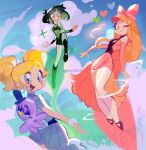  3girls ;) absurdres backpack bag black_hair blonde_hair blossom_(ppg) blue_eyes breasts bubbles_(ppg) buttercup_(ppg) cloud cloudy_sky colored_inner_hair commentary dress earrings flat_chest flying green_eyes green_hair highres jewelry long_eyelashes long_hair mulemount multicolored_hair multiple_girls narrow_waist off-shoulder_dress off_shoulder one_eye_closed orange_hair pink_dress powerpuff_girls scrunchie short_twintails siblings sisters sky small_breasts smile symbol_commentary twintails two-tone_hair very_long_hair wrist_scrunchie 