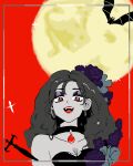  1girl absurdres bat_(animal) black_dress border breasts cleavage colored_skin commentary dress english_commentary eyeshadow fangs flower grey_hair grey_skin grin hair_flower hair_ornament highres looking_at_viewer makeup moon purple_eyeshadow purple_flower purple_rose red_eyes red_lips rose seishan shadow_slave smile solo theanimaniac upper_body 