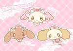  3girls :d animal_ears azuki_(cinnamoroll) babumi_roriko bag blush_stickers bow chibi chibi_only chibikemo chiffon_(cinnamoroll) cinnamoangels commentary_request dog_ears dog_girl dress flower furry furry_female fuwa_fuwa_cinnamoroll gingham_bow hair_bow hair_flower hair_ornament hat highres holding holding_bag lace looking_at_viewer mocha_(cinnamoroll) multiple_girls nurse nurse_cap official_alternate_costume outline pink_bag pink_dress pink_hat plaid_background sanrio smile solid_oval_eyes translation_request white_outline winged_heart 