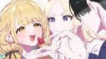  1boy 2girls :/ :d absurdres black_hair black_ribbon blonde_hair blush commentary_request facing_another feeding fujita_kotone gakuen_idolmaster hair_ribbon highres holding holding_spoon idolmaster juo_sena kasasagi_(futagodori888) looking_at_another multicolored_hair multiple_girls nervous_smile pink_streaks producer_(idolmaster) ribbon smile spoon staring streaked_hair sweatdrop v-shaped_eyebrows 