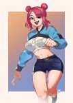  1girl artist_name breasts clenched_hand codemiko cropped_jacket denim denim_shorts english_commentary fang highres indie_virtual_youtuber looking_at_viewer medium_breasts navel open_hand open_mouth purple_eyes red_hair short_shorts shorts snowcie solo virtual_youtuber wide_hips 