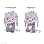  >_< 1girl :3 animal_ears animal_print artist_name black_hoodie blue_flower blush bubble_tea cat_ears cat_girl cat_tail chibi closed_eyes crying cup disposable_cup drawstring drinking_straw english_text fang flower furrowed_brow hhhinya highres hinya_(vtuber) hood hood_down hoodie indie_virtual_youtuber multiple_views open_mouth purple_hair rabbit_print self-portrait simple_background sitting sleeves_past_fingers sleeves_past_wrists stuffed_animal stuffed_rabbit stuffed_toy tail tearing_up twitter_username wariza white_background 