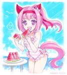  1girl :d animal_ears artist_name bangs blue_sky cloud cloudy_sky commentary dated day ear_covers eating food frilled_swimsuit frills fruit hair_intakes haru_urara_(umamusume) headband heart holding holding_food horizon horse_ears horse_girl horse_tail kuromori_yako looking_at_viewer notice_lines ocean one-piece_swimsuit open_mouth outdoors pink_eyes pink_hair pink_swimsuit ponytail red_headband sky smile solo sparkle spoken_heart standing striped striped_swimsuit swimsuit table tail umamusume watermelon wind 