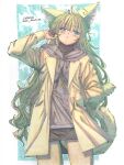  1girl ahoge animal_ear_fluff animal_ears annoyed blonde_hair blue_eyes blush border breasts cat_girl cowboy_shot dated day eyeshadow gold_necklace hand_in_pocket hand_on_own_face highres hood hood_down hoodie huge_ahoge jewelry long_coat long_hair looking_at_viewer makeup making-of_available marker_(medium) medium_breasts meiz miniskirt necklace original outdoors outline painting_(medium) red_eyeshadow red_lips ring ring_necklace skirt solo sweater swept_bangs thighhighs traditional_media tree tree_shade turtleneck turtleneck_sweater very_long_hair watercolor_(medium) wavy_hair white_border white_outline 