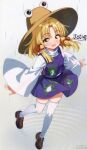  1girl :d animal_print artist_name blonde_hair brown_hat brown_shoes clothes_lift curtained_hair floating_hair frog_print full_body hair_ribbon hat highres jojie loafers long_sleeves looking_at_viewer medium_hair moriya_suwako mountain_of_faith open_mouth parted_bangs penny_loafers petite purple_skirt purple_vest rain red_ribbon ribbon ripples shirt shoes signature simple_background skirt skirt_lift skirt_set smile solo standing standing_on_liquid thighhighs touhou tress_ribbon turtleneck turtleneck_shirt vest water white_background white_shirt white_thighhighs wide_sleeves yellow_eyes 