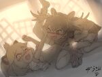  2girls animal_ears antlers blonde_hair blush breasts brown_hair clothes_pull extra_ears fur_scarf hand_on_another's_head happy highres horns kemono_friends lion_(kemono_friends) lion_ears looking_at_another looking_at_viewer masuyama_ryou moose_(kemono_friends) moose_ears multiple_girls open_clothes open_mouth open_shirt panties panty_pull playful school_uniform shirt skirt thighhighs underwear undressing yellow_eyes yuri 