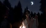  2boys absurdres burning campfire clear_sky commentary crescent crescent_facial_mark dark demon_boy english_commentary facial_mark fire forehead_mark forest gloxartx grin hair_over_shoulder highres horns male_focus moon multiple_boys nature night noctis_(shadow_slave) outdoors pointing robe shadow_slave sky smile sunny_(shadow_slave) underlighting white_robe 