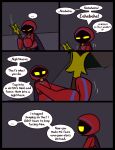 2026 black_body blue_clothing blue_hood blue_robe cape clothing comic dialogue ellipsis english_text hi_res holding_scepter humanoid laugh leo_the_magician long_sleeves magic male motion_lines no_pupils not_furry red_cape red_clothing red_hood red_robe robe scepter shadow_creature solo speech_bubble text ultilix yellow_eyes
