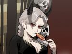  1girl bangs black_dress braid breasts candy cleavage dress food gogalking grey_hair holding holding_candy holding_food holding_lollipop horns large_breasts lollipop looking_at_viewer original parted_bangs parted_lips red_eyes single_braid skull slit_pupils solo 