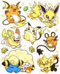  alternate_color blue_eyes bright_pupils brown_eyes closed_eyes closed_mouth commentary dedenne electricity evolution_stone fat_pikachu green_eyes highres jolteon joltik mamobot mareep no_humans open_mouth pikachu pokemon pokemon_(creature) pokemon_focus purple_eyes raichu shinx shiny_pokemon sleeping smile thunder_stone togepi untranslatable_commentary white_background white_pupils yamper yellow_eyes zzz 