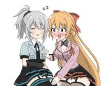  2girls :d assault_lily belt belt_buckle black_belt black_dress black_ribbon black_skirt black_thighhighs blush bow braid breast_pocket breasts bright_pupils brown_thighhighs buckle cleavage closed_eyes collared_shirt cowboy_shot crop_top detached_sleeves dress drooling garter_straps grabbing_another's_breast grey_hair grey_jacket groping hair_between_eyes hair_bow hair_ribbon half_updo hand_on_another's_thigh hand_on_lap hand_up hata_matsuri high_ponytail highres jacket jewelry long_hair looking_at_another medium_breasts miniskirt monica_rossi motion_lines mouth_drool multiple_girls neck_ribbon nose_blush official_alternate_costume official_alternate_hairstyle open_mouth orange_hair pink_jacket pleated_dress pocket ponytail red_bow red_ribbon ribbon ring shirt short_hair short_sleeves side_braid simple_background sitting skirt sleep_molestation sleeping sleeping_upright smile striped_clothes striped_skirt thigh_gap thighhighs twin_braids unu_(yayoinoasagohan) vambraces very_long_hair white_background white_pupils white_shirt wide-eyed yuri zettai_ryouiki zzz 
