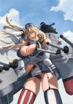  1girl absurdres arm_behind_head arm_up asymmetrical_legwear battle_effectiveness_award belt blonde_hair blue_eyes blue_panties blue_sky breasts brown_belt cloud commentary cowboy_shot elbow_gloves english_commentary front-tie_top garter_straps gloves hair_between_eyes headgear highres iowa_(kancolle) kantai_collection large_breasts long_hair looking_at_viewer mismatched_legwear navel open_mouth panties pantyshot rigging skirt sky smile star-shaped_pupils star_(symbol) striped_clothes striped_skirt striped_thighhighs symbol-shaped_pupils thighhighs underwear vertical-striped_clothes vertical-striped_skirt vertical-striped_thighhighs victory_(dog) ye_fan 