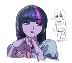  ! !! ... 1girl black_hair blue_shirt blunt_bangs boots bow bowtie buttons ceitama_oppai closed_mouth collared_shirt colored_skin commentary cropped_shoulders doodle_inset eyeshadow fingernails from_below frown highres knee_boots lips long_hair looking_to_the_side makeup miniskirt multicolored_hair my_little_pony my_little_pony:_equestria_girls my_little_pony:_friendship_is_magic nostrils pink_bow pink_bowtie pink_streaks pleated_skirt puffy_short_sleeves puffy_sleeves purple_eyes purple_eyeshadow purple_skin purple_streaks shirt short_sleeves sidelocks sideways_glance simple_background skirt solo straight_hair streaked_hair thick_eyelashes twilight_sparkle twilight_sparkle_(human) v-shaped_eyebrows white_background 