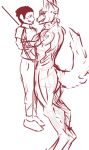 a_man_in_a_beasts_world anthro bodily_fluids canid canine canis chris_(ghilliecamo) clothing duo facial_scar female female_anthro fur granitmuli hair hi_res holding_person human lara_shepard_(ghilliecamo) male male/female male_human mammal military muscular muscular_anthro muscular_female nervous nervous_look nervous_sweat scar simple_background sweat wolf