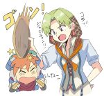  1boy 1girl age_difference blonde_hair blue_eyes blue_hat closed_eyes commentary_request earrings fingerless_gloves gloves grandia grandia_i hair_net hand_on_own_hip hat height_difference hitting jewelry justin_(grandia) lily_(grandia) mole mole_under_eye mother_and_child mother_and_son orange_hair parent_and_child partial_commentary red_scarf scarf translation_request triangle_earrings tsubobot v-shaped_eyebrows 