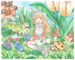  1girl :d absurdres animal_ears basket blackberry_(fruit) blonde_hair blueberry blush border bow brown_eyes bug caterpillar colored_pencil_(medium) commentary commission dress dress_bow english_commentary flower food frilled_dress frilled_socks frills fruit full_body grass green_bow grey_bow grey_socks hair_rings highres japanese_emperor_caterpillar ladybug long_hair long_sleeves looking_at_viewer mini_person minigirl mushroom orange_flower orange_shirt original polka_dot polka_dot_socks rabbit_ears rabbit_girl rabbit_tail rock sandals shirt sidelocks sitting smile socks solo striped_clothes striped_shirt tail traditional_media wariza whimsy_twee whipcreamtea white_border white_dress white_sandals 