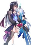  2girls absurdres bare_shoulders black_hair blue_eyes blue_hair breast_sucking breasts cerydra_(honkai:_star_rail) closed_eyes commentary crown detached_sleeves facing_another female_orgasm fingering gloves gradient_hair grey_hair grey_thighhighs hands_on_another's_arm highres honkai:_star_rail honkai_(series) hysilens_(honkai:_star_rail) long_hair long_sleeves looking_at_another mini_crown minto_sakuratou multicolored_hair multiple_girls open_mouth orgasm purple_hair red_gloves ribs small_breasts tearing_up thighhighs untranslatable_commentary very_long_hair white_background yuri 