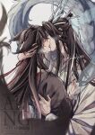  2boys absurdres animal_ears bishounen black_hair black_hanfu blue_shawl blurry blurry_foreground blush breath brown_hair chinese_clothes closed_eyes couple crying dragon_boy dragon_horns dragon_tail eastern_dragon_horns eastern_dragon_tail fox_boy fox_ears fox_tail french_kiss grandmaster_of_demonic_cultivation hair_down hair_ribbon half_updo hand_in_another's_hair hand_on_another's_head hanfu headband highres holding holding_ribbon horns hug kemonomimi_mode kiss kitsune kyuubi lan_wangji long_hair long_sleeves male_focus multiple_boys multiple_tails official_alternate_hairstyle profile red_ribbon ribbon robe semiusa1010 shawl sweat tail topknot twitter_username upper_body watermark wei_wuxian wei_wuxian_(yiling_laozu) white_background white_hanfu white_headband white_ribbon wide_sleeves xiao_guan_(headdress) yaoi 