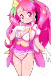 1girl adapted_costume bikini breasts choker cleavage closed_mouth collarbone cowboy_shot cure_grace floral_print flower gloves hair_flower hair_ornament hanadera_nodoka healin&#039;_good_precure highres large_breasts layered_skirt long_hair looking_at_viewer magical_girl miniskirt pink_eyes pink_hair pink_neckwear pink_skirt precure print_bikini ryuuta_(cure_ryuuta) shiny shiny_skin skirt smile solo standing swimsuit white_background white_bikini white_gloves 