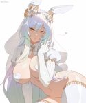  1girl animal_ears breasts bridal_veil diana_naitari dress fake_animal_ears flower gloves hair_flower hair_ornament heart heart_pasties highres large_breasts long_hair long_sleeves navel orange_eyes original parted_lips pasties rabbit_ears rose sidelocks solo thighhighs veil white_background white_dress white_flower white_gloves white_hair white_rose white_thighhighs 