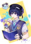  1boy beret black_hair black_hat black_sweater_vest blue_necktie blue_trim blunt_ends book border choppy_bangs collared_shirt colored_inner_hair contemporary cup disposable_coffee_cup disposable_cup drinking drinking_straw emblem eyeliner fingernails food_request genshin_impact hand_up hat highres himalayas0 holding holding_book holding_cup makeup male_focus multicolored_hair necktie official_alternate_costume open_book purple_eyes purple_hair purple_trim red_eyeliner scaramouche_(cat)_(genshin_impact) scaramouche_(genshin_impact) school_uniform shirt short_sleeves solo sweater_vest tsurime twitter_username undershirt wanderer_(genshin_impact) wanderer_(mega_mgc_coffee)_(genshin_impact) white_border white_shirt white_sleeves wrist_cuffs yellow_background 