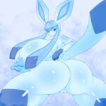  1:1 anthro big_breasts big_butt blue_and_white blush breasts butt eeveelution female genitals glaceon hi_res huge_breasts huge_butt hyper hyper_breasts looking_back monochrome nintendo nude omenyanozero pok&eacute;mon pok&eacute;mon_(species) pussy solo video_games 