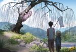  2boys black_hair blue_shirt blue_sky brown_shorts bug butterfly_net child clothes_grab cloud facing_away grass hand_net hat holding holding_butterfly_net monokubo monster mountainous_horizon multiple_boys original outdoors scenery shirt short_hair shorts sky sleeveless sleeveless_shirt standing straw_hat tree twitter_username willow 