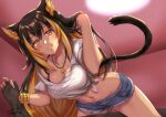  1girl animal_ears bangs bare_shoulders black_hair blonde_hair blush bracelet breasts cat_ears cat_tail ceiling_light character_request cleavage closed_mouth clothes_writing collarbone commentary_request cowboy_shot cutoffs denim denim_shorts eyebrows_visible_through_hair fang fang_out groin hair_between_eyes highres holding_hands indie_virtual_youtuber indoors invisible_man jewelry large_breasts looking_at_viewer midriff multicolored_hair navel see-through shirt short_shorts short_sleeves shorts sidelocks signature slit_pupils smile solo_focus standing streaked_hair tail takecha tied_shirt two-tone_hair virtual_youtuber white_shirt yellow_eyes 