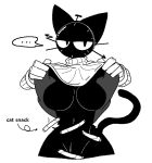 anthro big_breasts black_body black_fur black_tail bodily_fluids bottomless breasts cat_food clock_cat_(sabgong) clothed clothing clothing_pull convenient_censorship domestic_cat ellipsis falling_object featureless_breasts felid feline felis female fingers fur half-closed_eyes looking_at_viewer mammal mouthless narrowed_eyes pet_food presenting presenting_breasts sabgong simple_background solo sweat sweater sweater_pull tail topwear topwear_pull white_background white_clothing white_sweater white_topwear