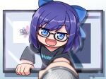  1girl blue_eyes blurry bow dated depth_of_field glasses hair_bow hololive kagelantern looking_at_viewer microphone open_mouth purple_hair semi-rimless_eyewear short_hair solo through_screen under-rim_eyewear virtual_youtuber yuujin_a_(hololive) 