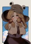 1girl blonde_hair blue_sky blush border brown_hat commentary cowboy_shot fingernails green_eyes grey_shirt grey_skirt grey_vest hair_ribbon hat highres igarashi_yuusuke_(wabisabi_buriki) lips long_hair long_sleeves moriya_suwako nose_blush red_ribbon ribbon shirt sidelocks skirt sky solo straw_hat touhou vest yellow_border 