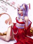  absurd_res annham anthro asian_clothing blue_hair chinese_new_year clothing east_asian_clothing female flower front_view gold_(metal) hair hi_res horn japanese_clothing kimono milotic nintendo nude plant pok&eacute;mon pok&eacute;mon_(species) red_clothing sitting solo solo_focus video_games 