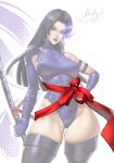  1girl black_hair breasts cowboy_shot earrings facial_mark highres holding holding_sword holding_weapon hoop_earrings jewelry katana large_breasts leotard long_hair marvel meme moonlen-jack partially_invisible psylocke purple_leotard purple_lips red_ribbon ribbon skindentation solo sword tap_me_(meme) weapon 