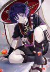  1boy absurdres arm_at_side arm_on_thigh arm_support armor black_bodysuit black_kimono black_shorts black_sleeves blue_jingasa blunt_ends bodysuit brown_sandals choppy_bangs flower genshin_impact gold gold_trim grey_background grey_veil hair_intakes hat highres japanese_armor japanese_clothes jewelry jingasa juban kimono knee_up kote kurokote layered_sleeves looking_at_viewer male_focus mandarin_collar mitsudomoe_(shape) neck_ring o-ring onryy0u open_clothes open_kimono open_mouth purple_eyes purple_hair purple_pupils purple_rope purple_sash purple_sleeves red_flower red_hat red_kimono rope sandals sash scaramouche_(genshin_impact) shimenawa short_sleeves shorts sitting solo toeless_legwear toes tomoe_(symbol) tsurime veil white_kimono white_rope zouri 