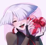  1girl a.k.i._(street_fighter) akichanhaohaoch black_dress box box_of_chocolates chinese_clothes dress earrings fingernails hair_over_one_eye heart-shaped_box holding impossible_hair jewelry long_fingernails mole mole_under_mouth open_mouth red_eyes sharp_fingernails short_hair smile solo street_fighter street_fighter_6 tassel tassel_earrings white_hair 