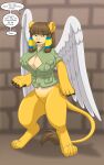  10:16 2020 big_breasts bottomless breasts brown_hair clothed clothing dialogue english_text feathered_wings feathers felid female fur hair hi_res humanoid_face implied_transformation looking_at_viewer mammal mythological_sphinx mythology runningtoaster smile solo standing text wings yellow_body yellow_eyes yellow_fur 