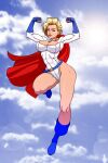  1girl asymmetrical_bangs bare_legs belt blonde_hair blue_boots blue_gloves boots breasts cape cleavage_cutout clenched_hands clothing_cutout cloud cloudy_sky commentary commentary_request cosplay covered_nipples dc_comics facing_viewer flexing floating full_body gloves gloves_over_sleeves highleg highleg_leotard highres jiggeh leg_up lens_flare leotard levitation lips lipstick looking_at_viewer makeup muscular muscular_female nose parted_lips power_girl power_girl_(cosplay) red_belt red_cape short_hair sky sleeved_leotard solo sun sunlight superhero_costume toned toned_female western_comics_(style) white_leotard 