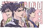  3boys battle_tendency brown_gloves chain cigarette copyright_name fingerless_gloves gloves green_eyes green_scarf hat jojo_no_kimyou_na_bouken jonathan_joestar joseph_joestar joseph_joestar_(young) kujo_jotaro looking_at_viewer multiple_boys muscular muscular_male nobita_(makoto7060355) phantom_blood purple_hair scarf smile smoking_pipe stardust_crusaders teeth thumbs_up 