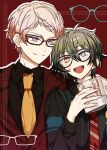  2boys amanemio2 bespectacled blue_eyes blush book closed_mouth collared_shirt commentary diagonal-striped_clothes diagonal-striped_necktie ensemble_stars! fingernails glasses grey_hair hair_between_eyes hands_up heterochromia holding holding_book itsuki_shu kagehira_mika keito_lecture_(ensemble_stars!) lapels leaning_on_person male_focus multiple_boys necktie notched_lapels official_alternate_costume open_book open_mouth orange_necktie outline pink_hair purple_eyes red_background red_necktie shirt short_bangs short_hair smile striped_clothes striped_necktie teeth untranslatable_commentary upper_body upper_teeth_only valkyrie_(ensemble_stars!) variant_set white_outline wing_collar yellow_eyes 