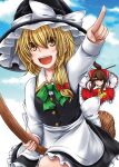  2girls :d apron ascot black_hat black_skirt black_vest blonde_hair blue_sky bow bowtie broom broom_riding brown_eyes brown_hair cloud collared_shirt commentary_request day detached_sleeves frilled_bow frilled_hair_tubes frilled_skirt frills gohei green_bow green_bowtie hair_bow hair_tubes hakurei_reimu hat hat_bow highres holding holding_gohei kirisame_marisa long_hair marisa_day multiple_girls outdoors pointing red_bow red_skirt ribbon-trimmed_sleeves ribbon_trim shirt skirt skirt_set sky smile suikyou_(aqua_cities) teeth touhou upper_teeth_only vest waist_apron white_apron white_bow white_shirt witch_hat yellow_ascot yellow_eyes 