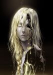  1girl black_background blonde_hair braid broken closed_eyes colored_eyelashes cracked_skin elden_ring elden_ring_(object) english_commentary gold hair_between_eyes hair_over_one_eye highres lips long_hair portrait queen_marika_the_eternal solo tumitumico 