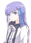  1girl bangs blue_eyes blue_ribbon breasts coffeekite fate/extra fate/extra_ccc fate_(series) hair_ribbon highres jacket long_hair long_sleeves looking_at_viewer meltryllis_(fate) purple_hair ribbon small_breasts striped_jacket very_long_hair white_jacket 