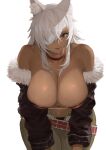  1girl absurdres animal_ear_fluff animal_ears arkimedes breasts brown_eyes choker cleavage closed_mouth dark_skin dark_skinned_female fur-trimmed_jacket fur_trim ghislaine_dedoldia highres jacket large_breasts leaning_forward lips long_hair long_sleeves looking_at_viewer mushoku_tensei navel simple_background solo white_background white_hair 