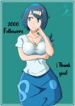  1girl absurdres arm_under_breasts blue_eyes blue_hair blue_skirt breasts closed_mouth collarbone commentary covered_nipples dated eyelashes framed hair_ornament hand_up highres laceysx lana&#039;s_mother_(pokemon) large_breasts long_hair milestone_celebration no_sclera pokemon pokemon_(anime) pokemon_sm_(anime) raised_eyebrows shirt short_sleeves sideways_glance skirt solo thank_you 