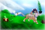  3:2 accessory avian avian_taur ayiki_(bonjolasermaster) beak blue_eyes blue_hair bottomwear bracelet clothing feathered_wings feathers female furgonomics grass gryphon gryphon_taur gun gun_smoke hair hair_accessory hi_res holding_object jewelry leg_ring loincloth mostly_nude mythological_avian mythological_creature mythology niitre open_beak open_mouth plant plant_pot potted_plant ranged_weapon ring smoke smoking_gun solo tail tail_accessory tail_gun tail_jewelry tail_ring tan_body taur tree_stump weapon weapon_tail wings 