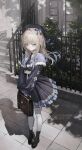  1girl ankle_boots beret black_dress black_necktie blonde_hair blue_eyes boots briefcase commentary_request commission day dress fence frilled_dress frills hat highres long_hair long_sleeves necktie original outdoors shadow sho_(sho_oe4) skeb_commission solo stairs standing thighhighs tree_shade watermark white_thighhighs 